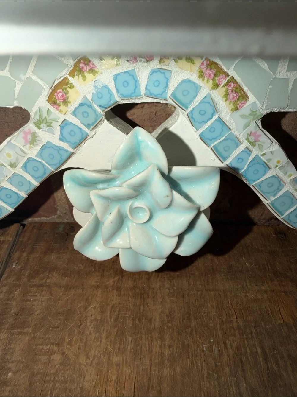 White Decorative Wall Shelf with Pastel Mosaic Accent Beach Coral Floral